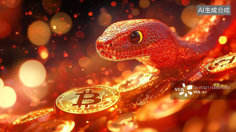 【AI数字艺术】闪耀金色比特币与红色蛇眼的视觉冲击图片素材