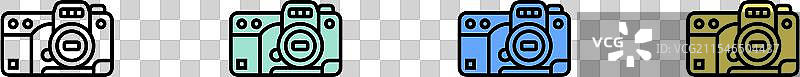 单反相机图标轮廓，绿色、蓝色和黄色图片素材