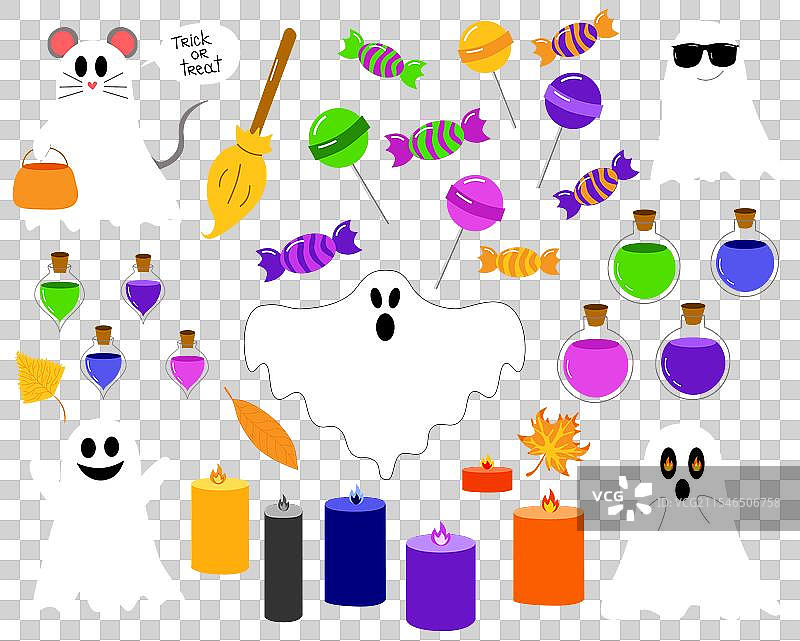 万圣节幽灵、蜡烛、药水和糖果套装图片素材