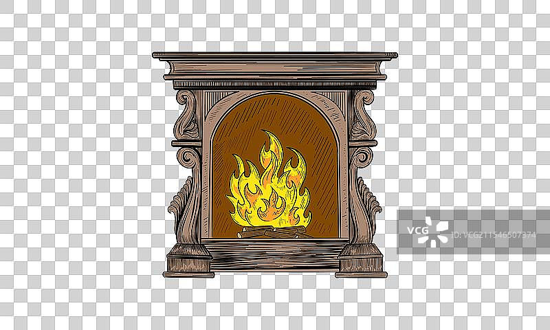 传统壁炉与燃烧的火焰素描图片素材