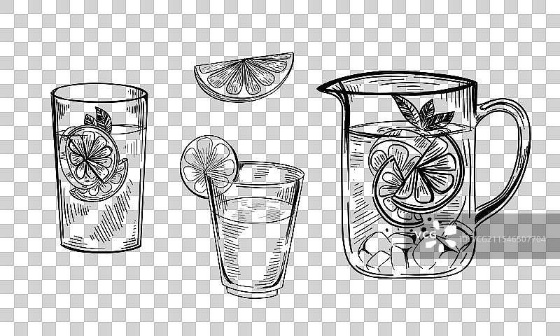 手绘的柠檬水壶和玻璃杯图片素材