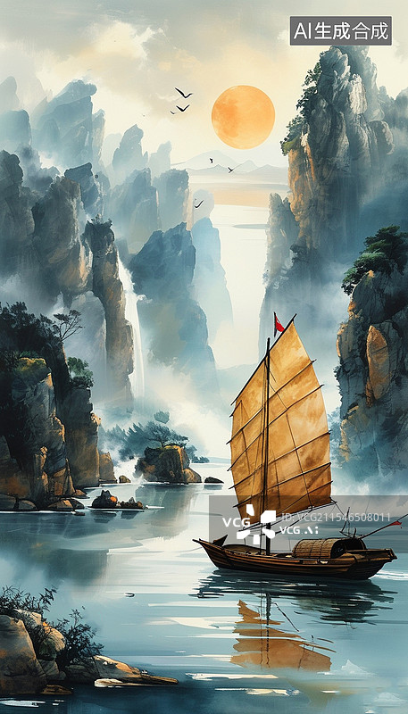 【AI数字艺术】中国画江上帆船古风插画水墨画图片素材