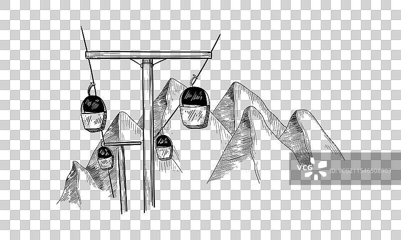 滑雪度假村的山脉风景手绘草图图片素材