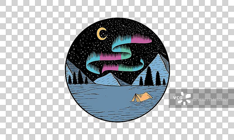 手绘的极光下露营图片素材
