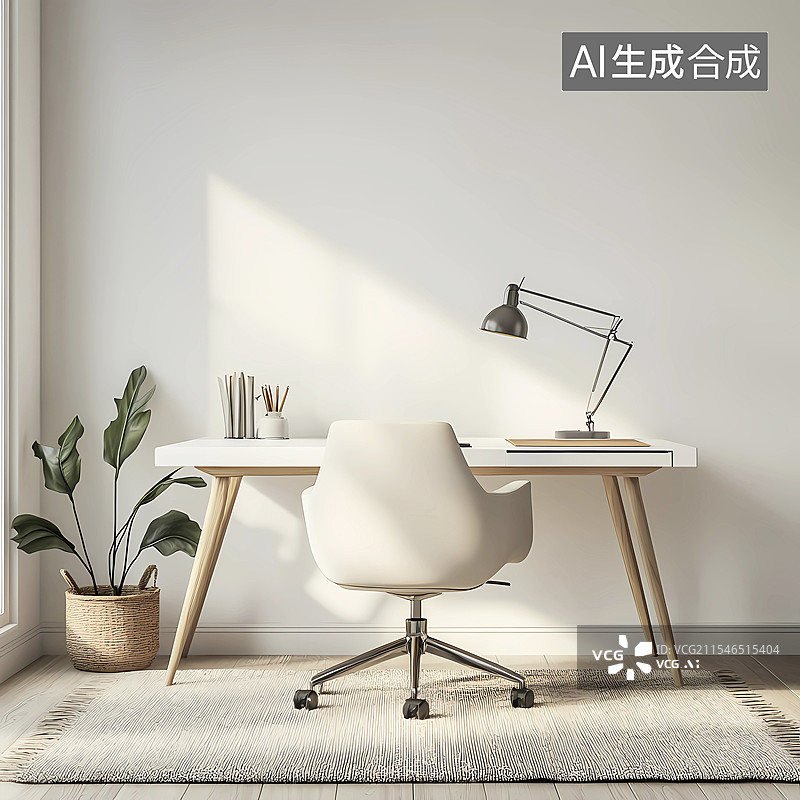 【AI数字艺术】窗边明亮的书房有电脑桌办公椅图片素材