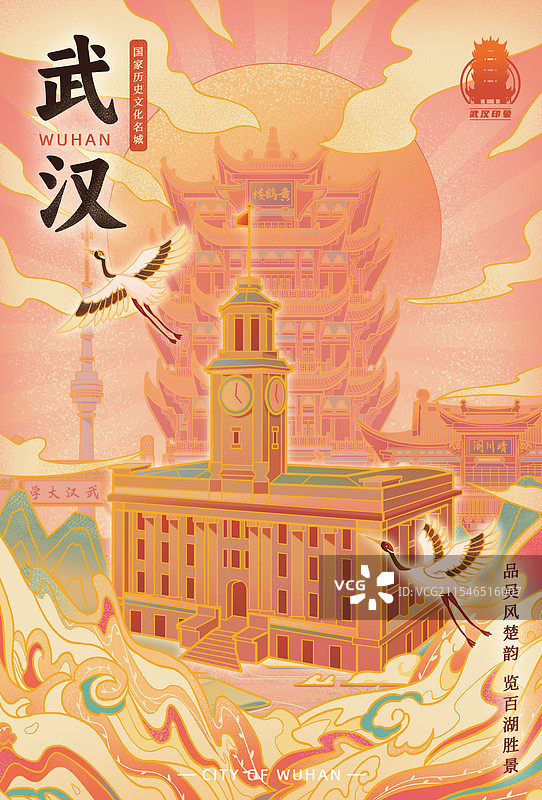 国潮风武汉城市印象黄鹤楼江汉关大楼宣传文旅海报图片素材