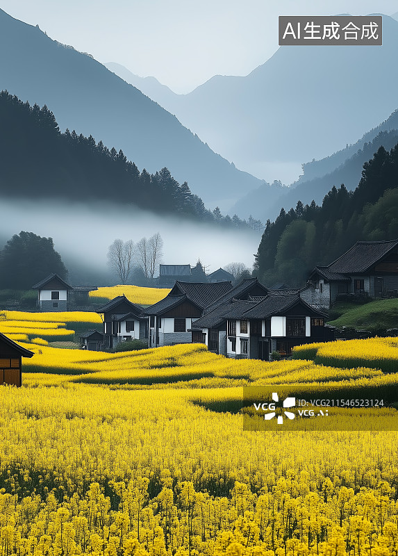 【AI数字艺术】山村油菜花田插画图片素材