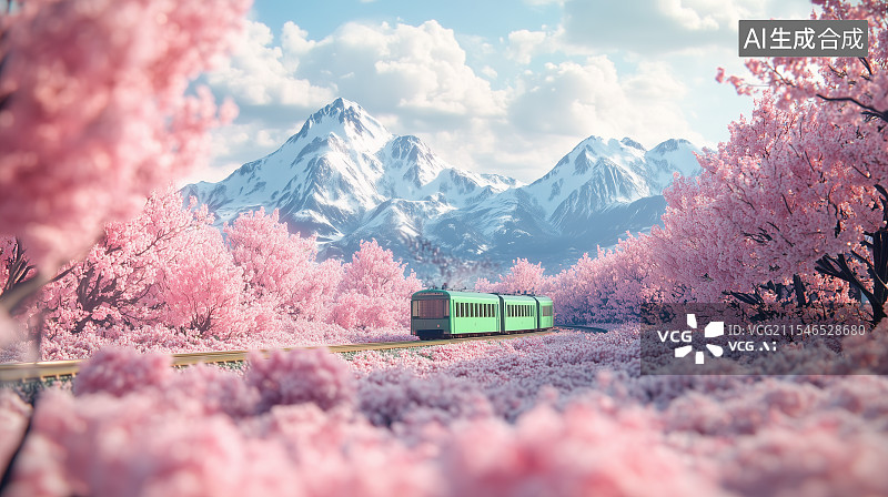 【AI数字艺术】一列绿皮火车在樱花盛开的春日里行驶，背景是雄伟的雪山图片素材