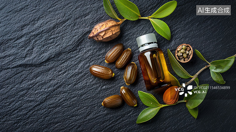 【AI数字艺术】霍霍巴和精油装在黑色背景上图片素材