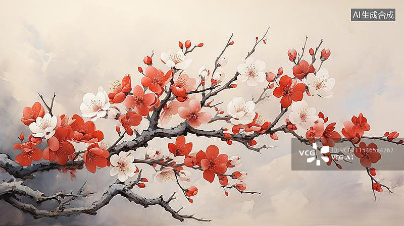 【AI数字艺术】红白梅花意境图 水墨写意红白梅花图片素材