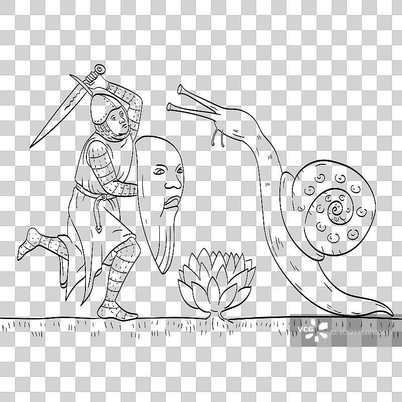 中世纪骑士用剑与巨型蜗牛作战图片素材