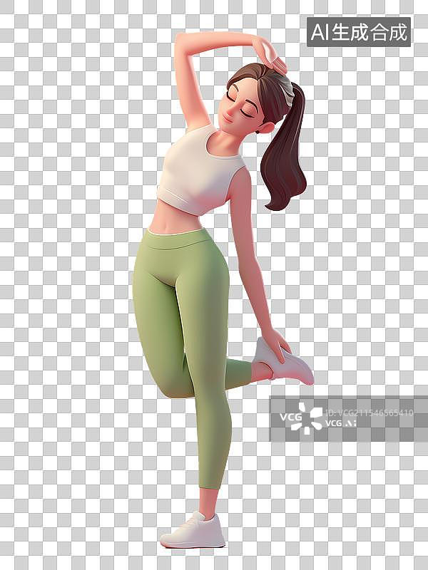【AI数字艺术】极简3D插画：快乐健身女子拉伸动作图片素材