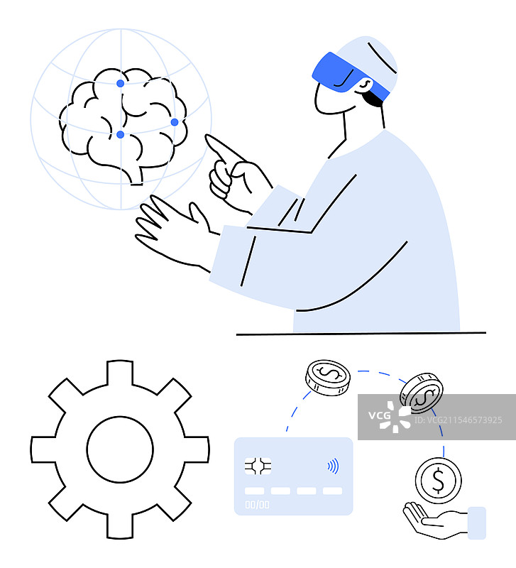 男子使用虚拟现实与虚拟大脑设备互动图片素材