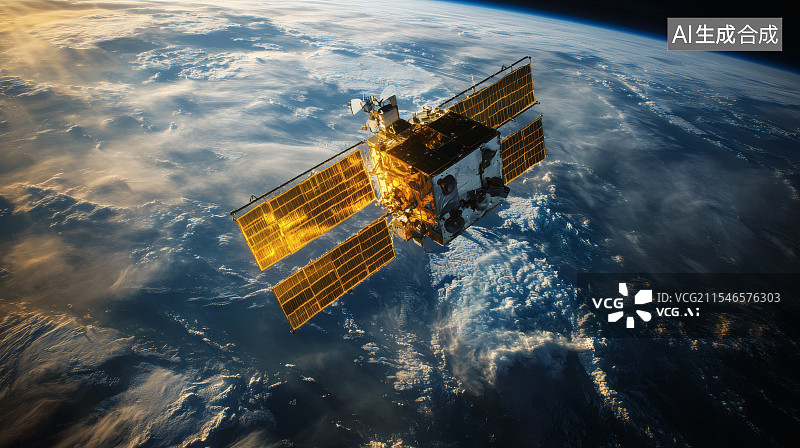 【AI数字艺术】太空中太阳能充电板的人造卫星图片素材