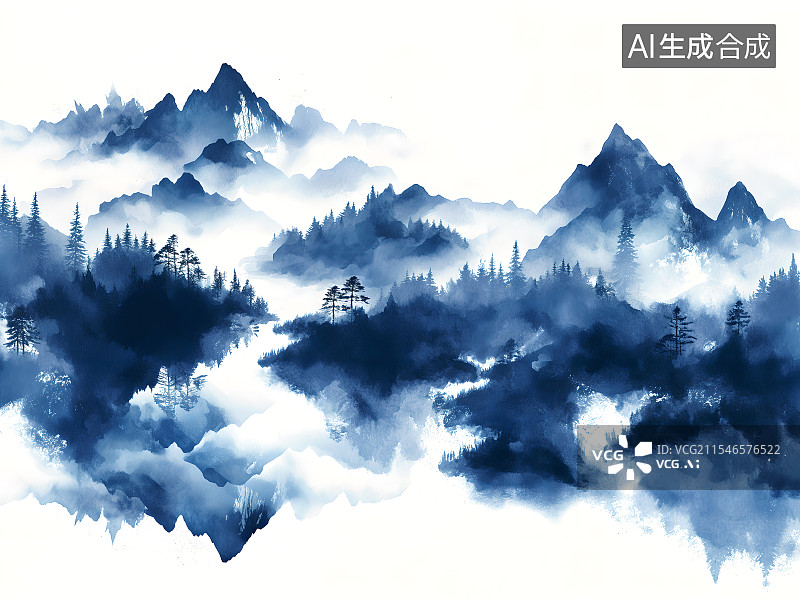 【AI数字艺术】蓝色调水墨风山水图片素材