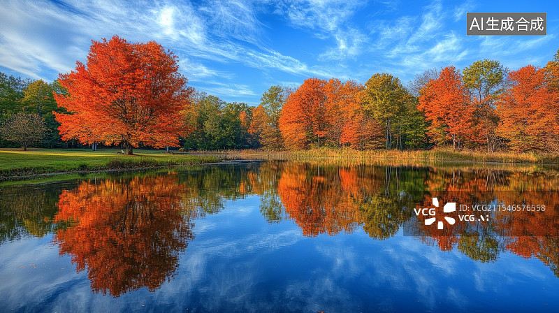 【AI数字艺术】秋天，树叶由绿变黄，在水面形成倒影图片素材