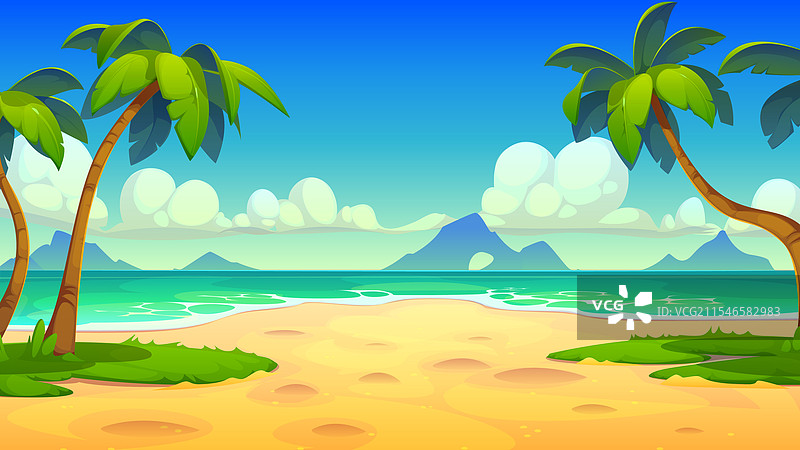 卡通热带海滩风景与棕榈树图片素材