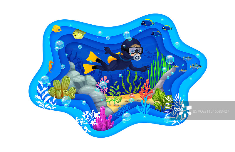 年轻潜水员与纸艺剪影的水下风景图片素材