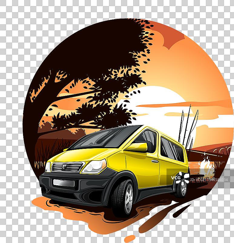 湖边日落时的渔船小巴车图片素材