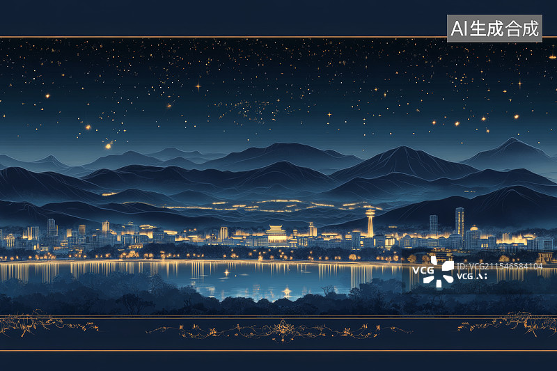 【AI数字艺术】国风古建筑山水插画图片素材