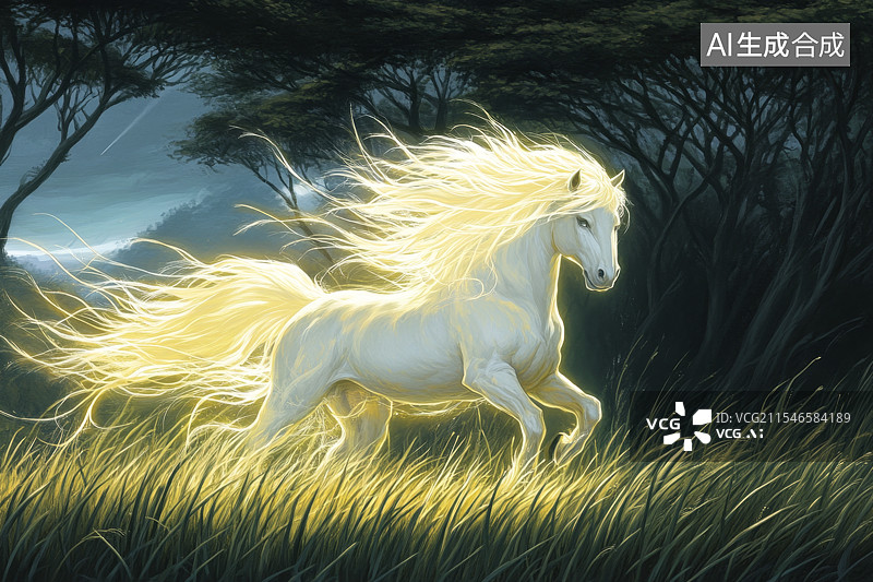 【AI数字艺术】发光的白马奔跑在草原上图片素材