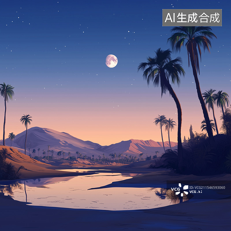 【AI数字艺术】复古怀旧风格插画——沙漠绿洲图片素材