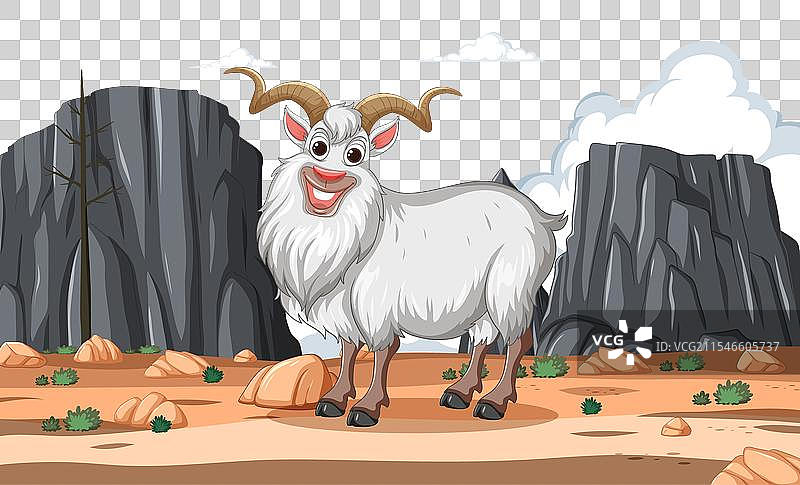 快乐的山羊站在岩石和云朵之间图片素材