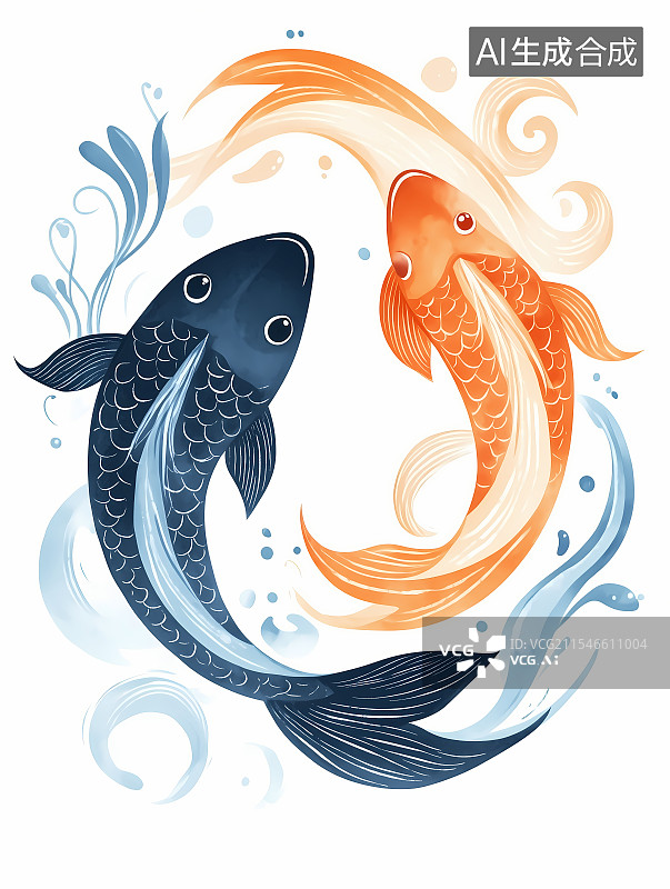 【AI数字艺术】两条锦鲤卡通插画图片素材