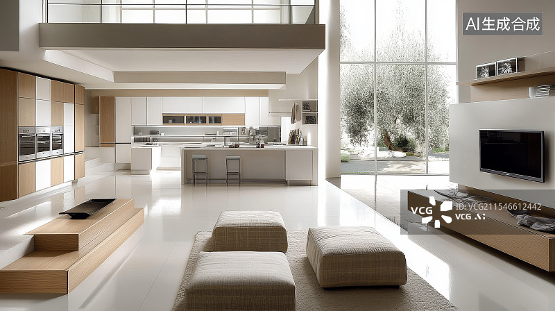 【AI数字艺术】现代科技感的室内厨房，厨房，饭厅，餐桌图片素材