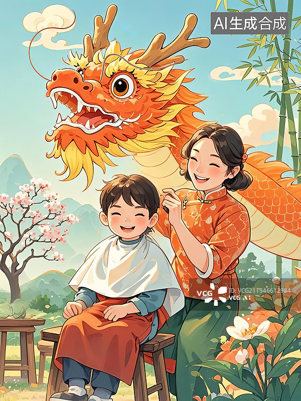 【AI数字艺术】二月二龙抬头龙头节概念插画，母亲给孩子理发图片素材