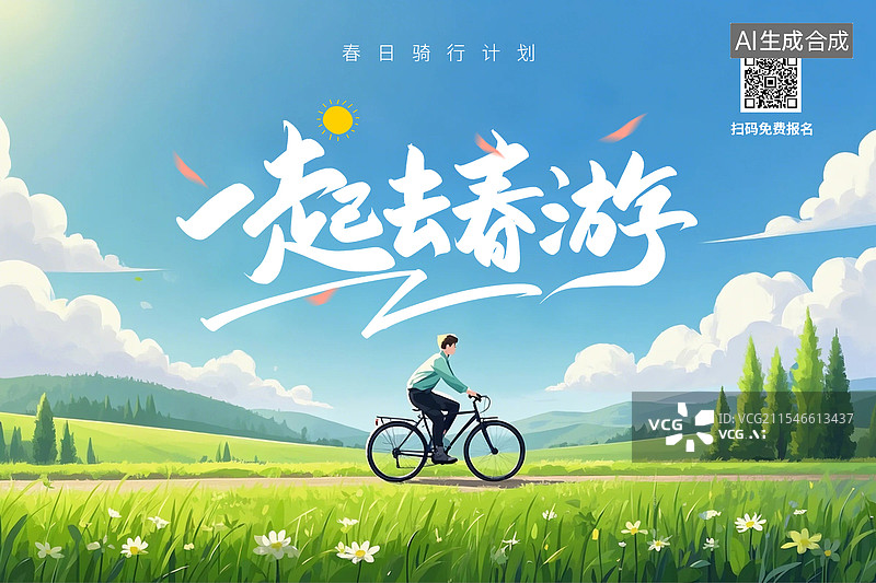 【AI数字艺术】一起去春游自行车骑行banner图片素材