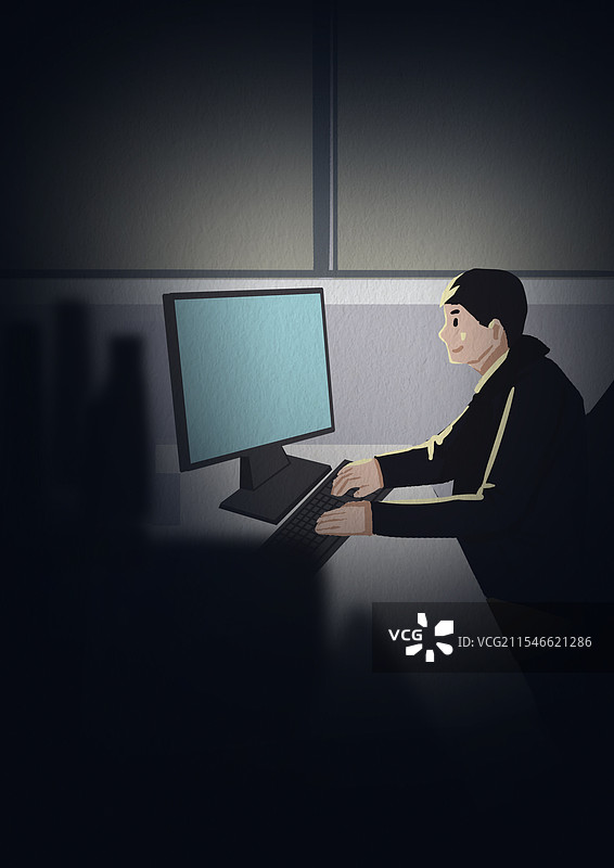 职场职业上班族打工男人男性深夜夜晚晚上凌晨公司办公桌加班刻苦努力灯光电脑前氛围光影资讯插画图片素材