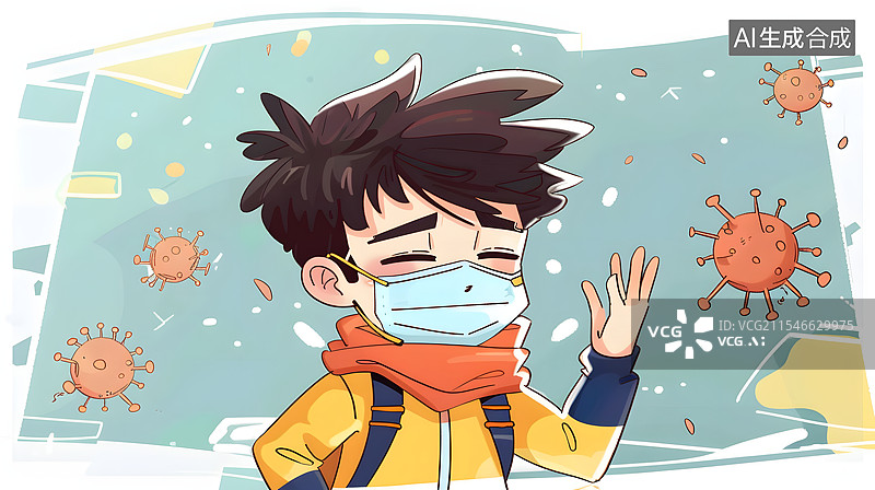 【AI数字艺术】戴口罩感冒的小孩，扁平化图片素材