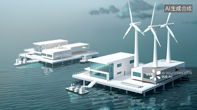 【AI数字艺术】白色的风力发电机和发电站建筑模型图片素材