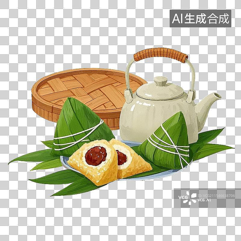 【AI数字艺术】端午节粽子粽叶茶壶蒸笼设计元素图片素材