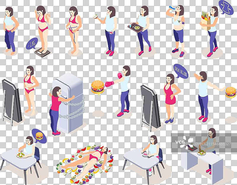 女性饮食的等距图标集合图片素材