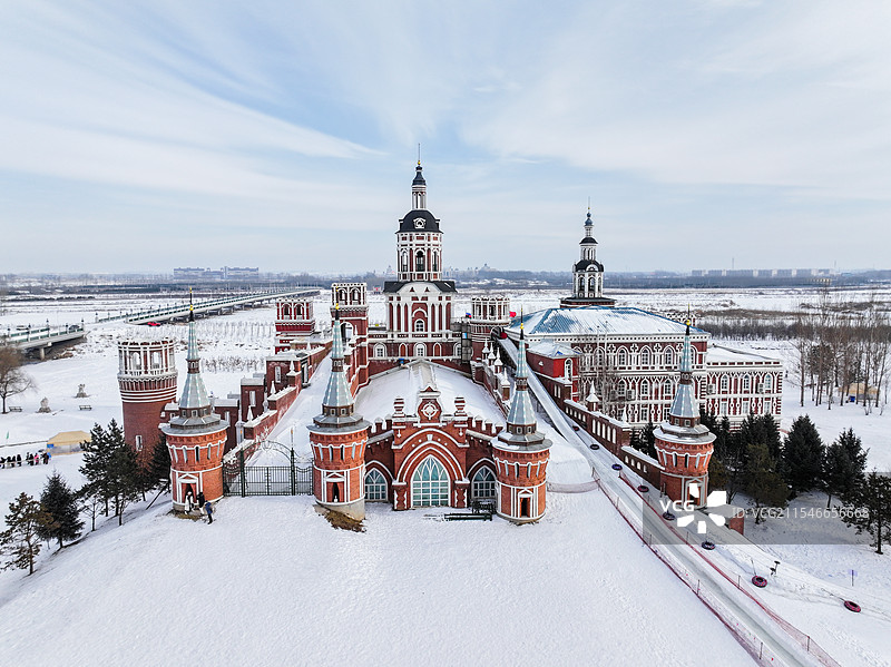 哈尔滨伏尔加庄园建筑自然风光航拍图片素材