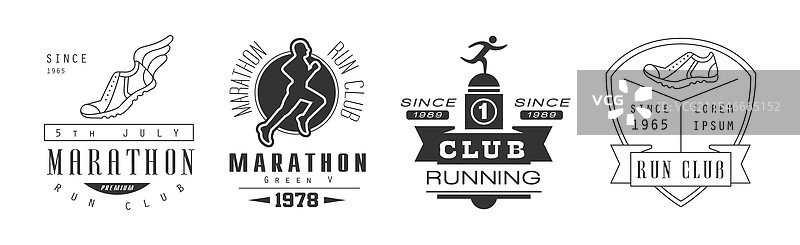 马拉松和跑步俱乐部标志及单色标签图片素材