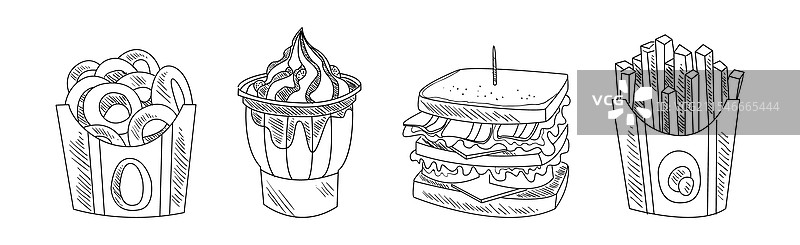 快餐和美味小吃的素描画图片素材