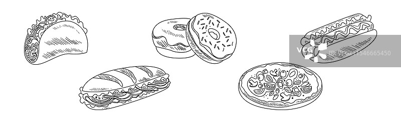 快餐和美味小吃的素描画图片素材