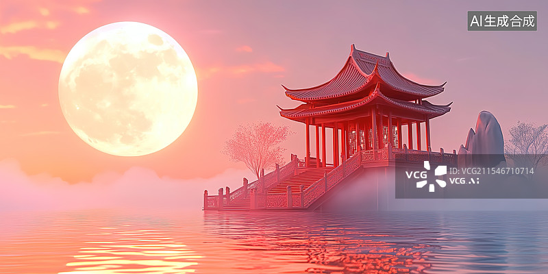 【AI数字艺术】中国风中秋节巨大的圆月水边的凉亭风景画中国风中秋节圆月和水边的凉亭风景画图片素材