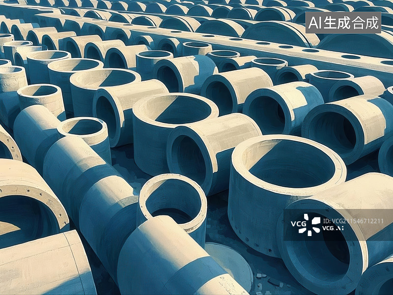 【AI数字艺术】预制混凝土管道，水泥管材堆场抽象插画图片素材