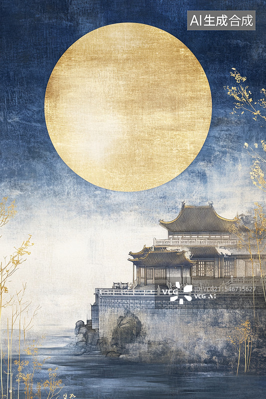 【AI数字艺术】国风古建筑山水插画图片素材