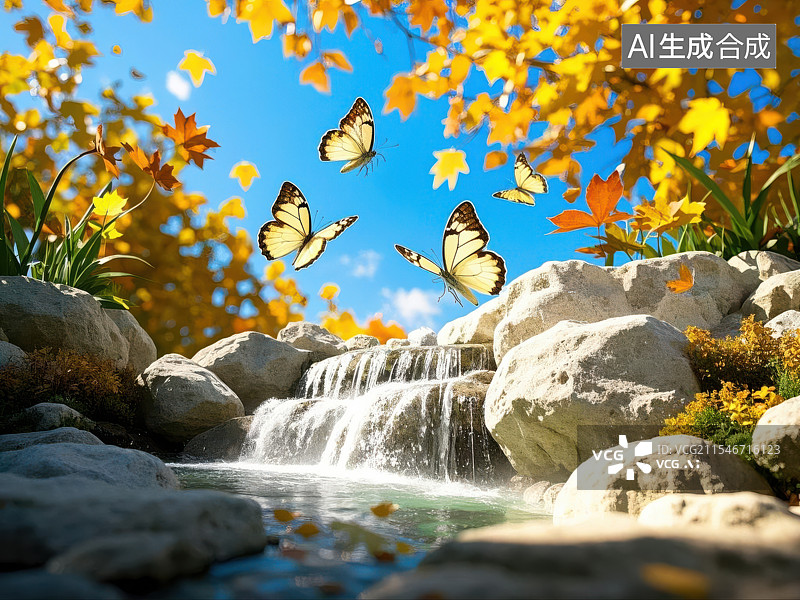 【AI数字艺术】秋日瀑布与蝴蝶，宁静祥和的自然之美图片素材