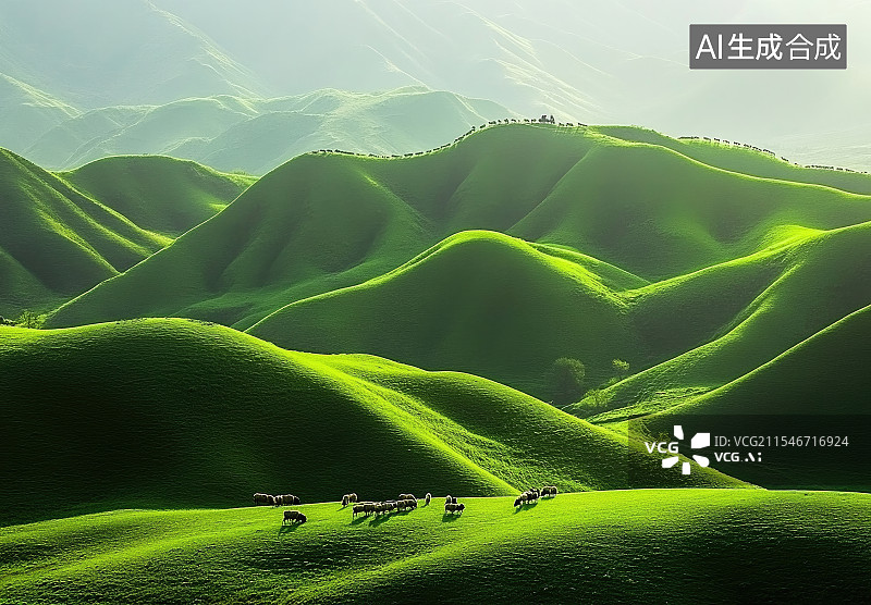 【AI数字艺术】清晨的阳光照射在绿色的丘林地带，放牧图片素材