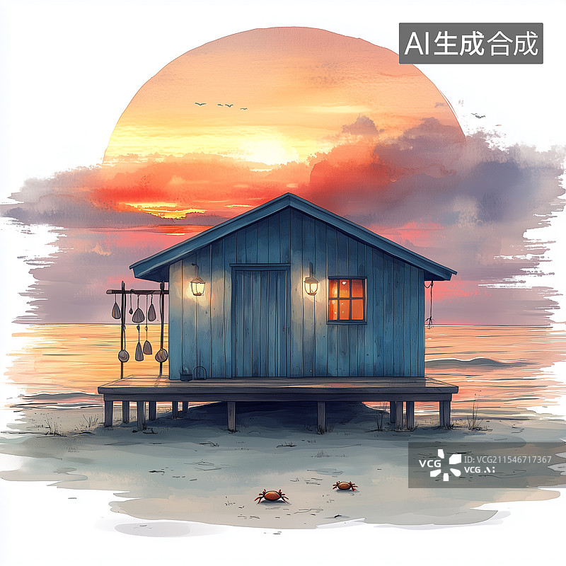 【AI数字艺术】夏日海边的房屋图片素材