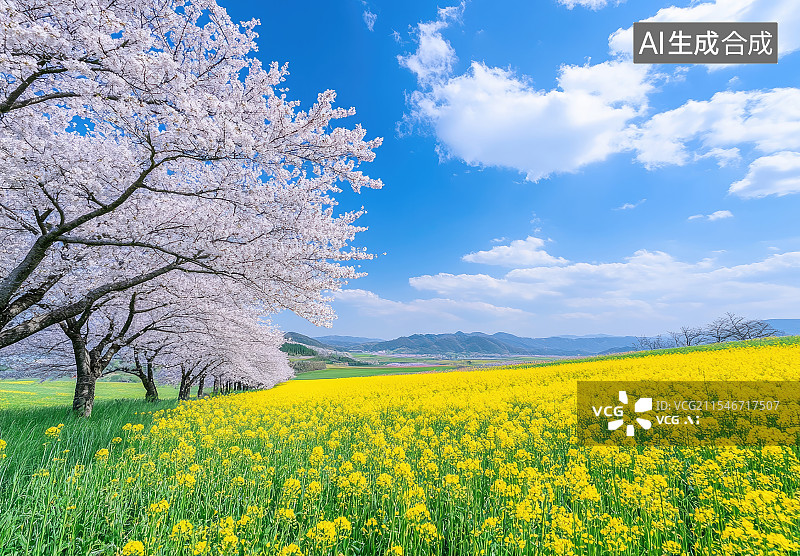 【AI数字艺术】油菜花盛开，美丽的樱花树春日的气息图片素材