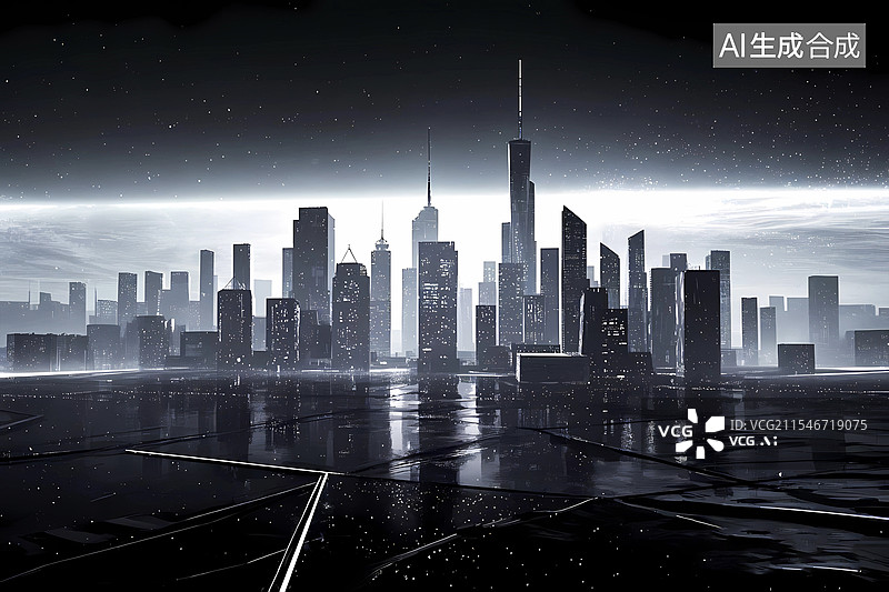 【AI数字艺术】墨色城市天际线摩天大楼城市街道图片素材