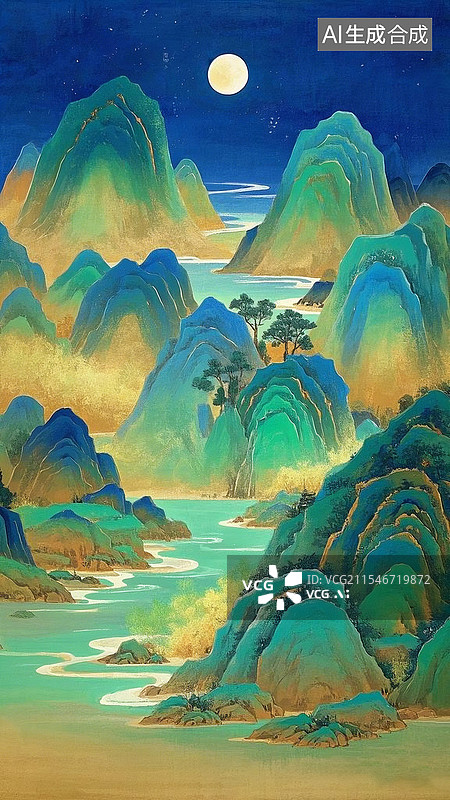 【AI数字艺术】中国风青绿山水画图片素材