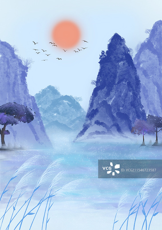 紫色风格的山水画图片素材